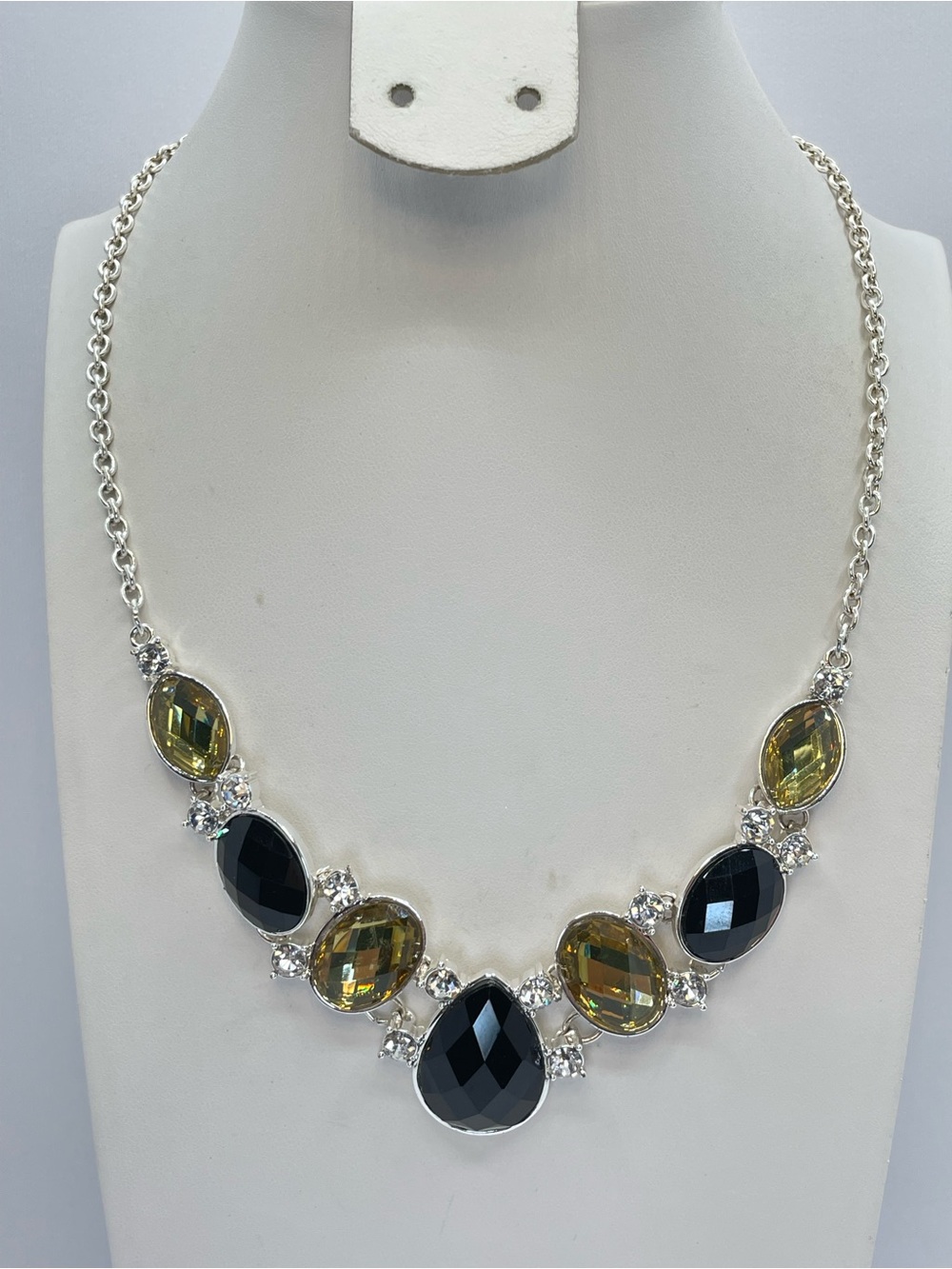 Charter Club Silver Black Yellow Acrylic Crystal Bib Statement Necklace Boho